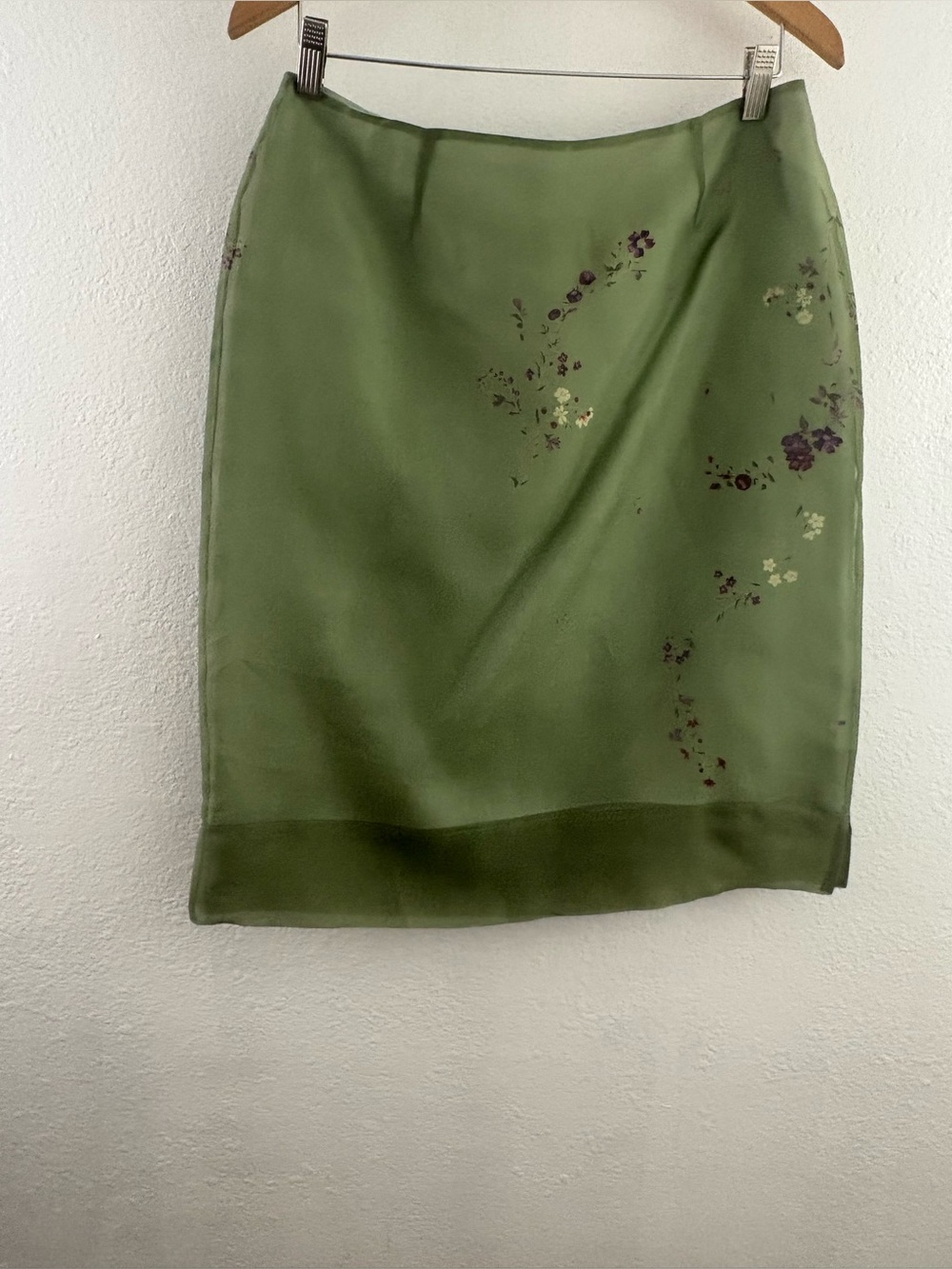 Judy Lee green silk midi skirt delicate floral embroidery and a sheer overlay 12
